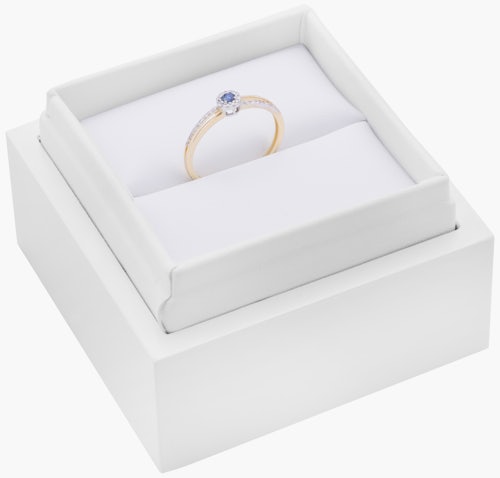 Pierścionek zaręczynowy SAVICKI: dwukolorowe złoto, niebieski szafir